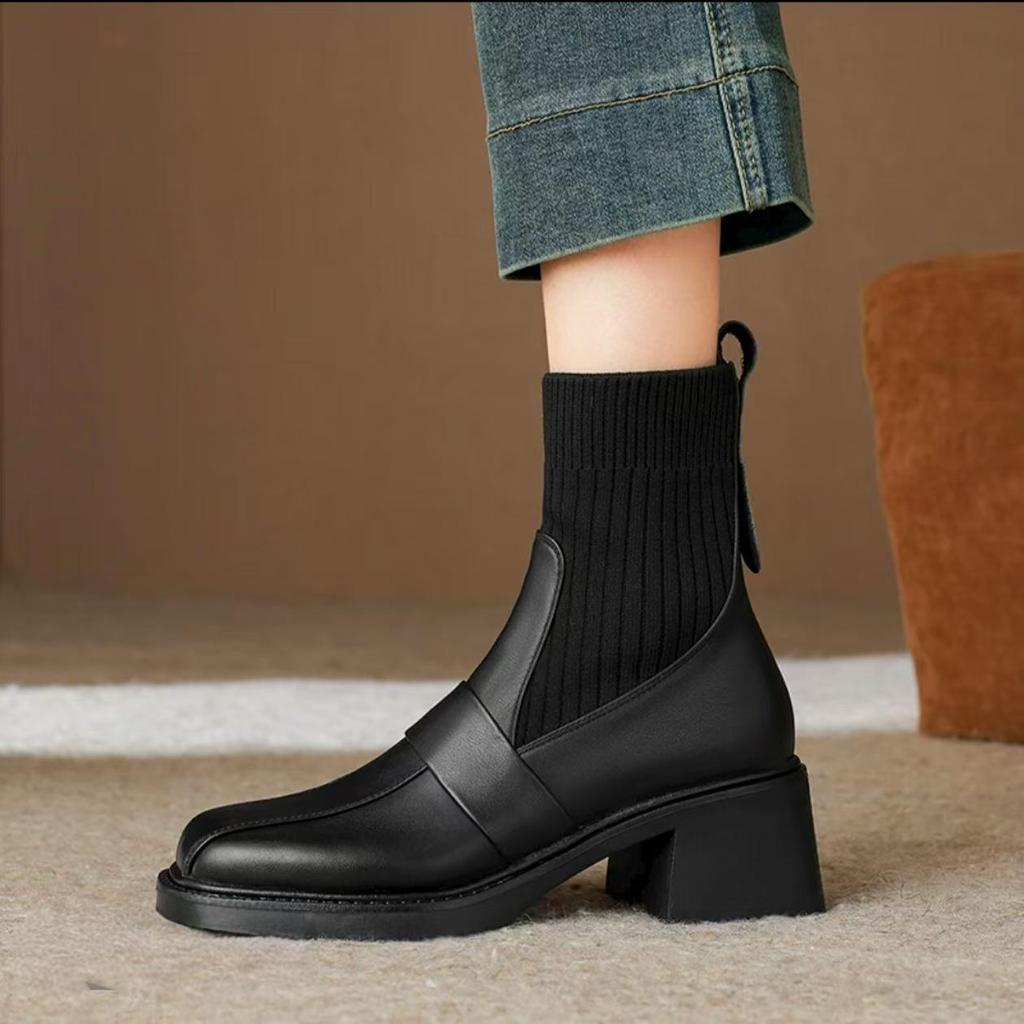 2026 Women's British Style Heeled Ankle Boots Brown Square Toe Stretch Sock Boots Chunky Mid Heel Retro Autumn Booties Size35-40