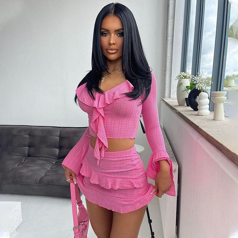 

Europe and America Cross Border Women s Clothing New Fashion Ruffles Split Long Sleeve Tops Sexy Short Sheath Skirt Two-piece Set Rose Red M