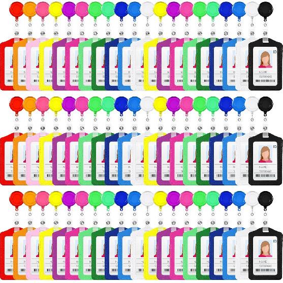 60 Sets Retractable Badge Reels, PU Leather Name Badge Holder, Multicolor ID Holder Key Card Holder Vertical ID Badge with Reel Clip for Office