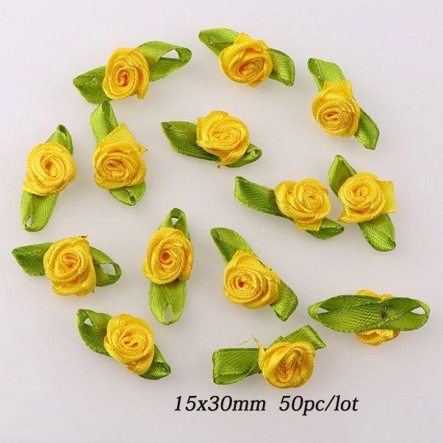 50/100pcs Artificial Fabric Flower and Green Leaf Color Mix Small Ribbon Rose Decoration for Crafts DIY Sewing Decoration