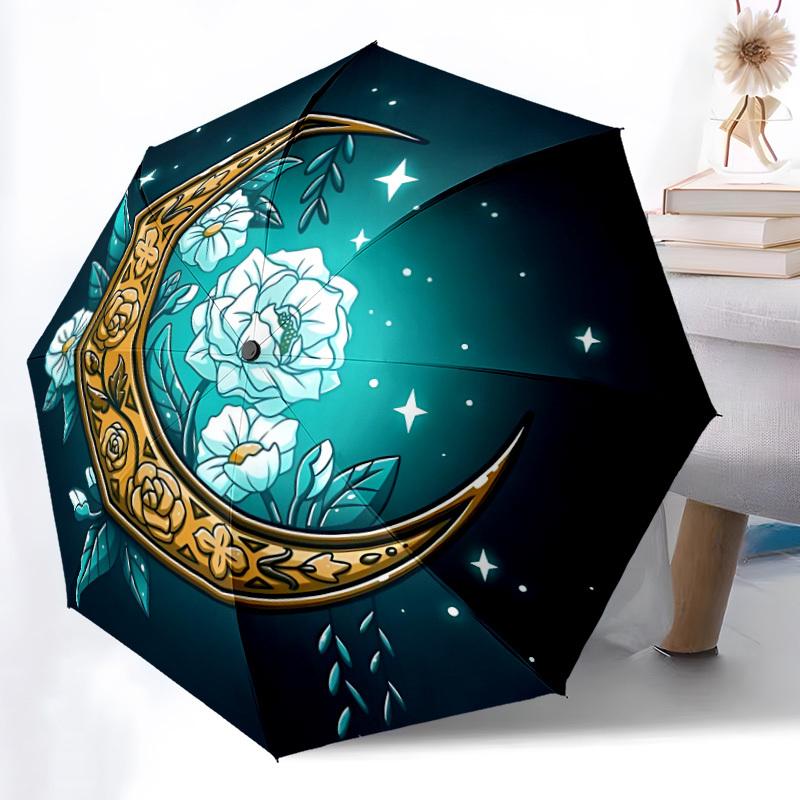 1pc Moon Flowers Automatic Folding Umbrella - Compact 8-Rib Design, Durable Plastic & Iron, Lightweight for Outdoor Daily Use120