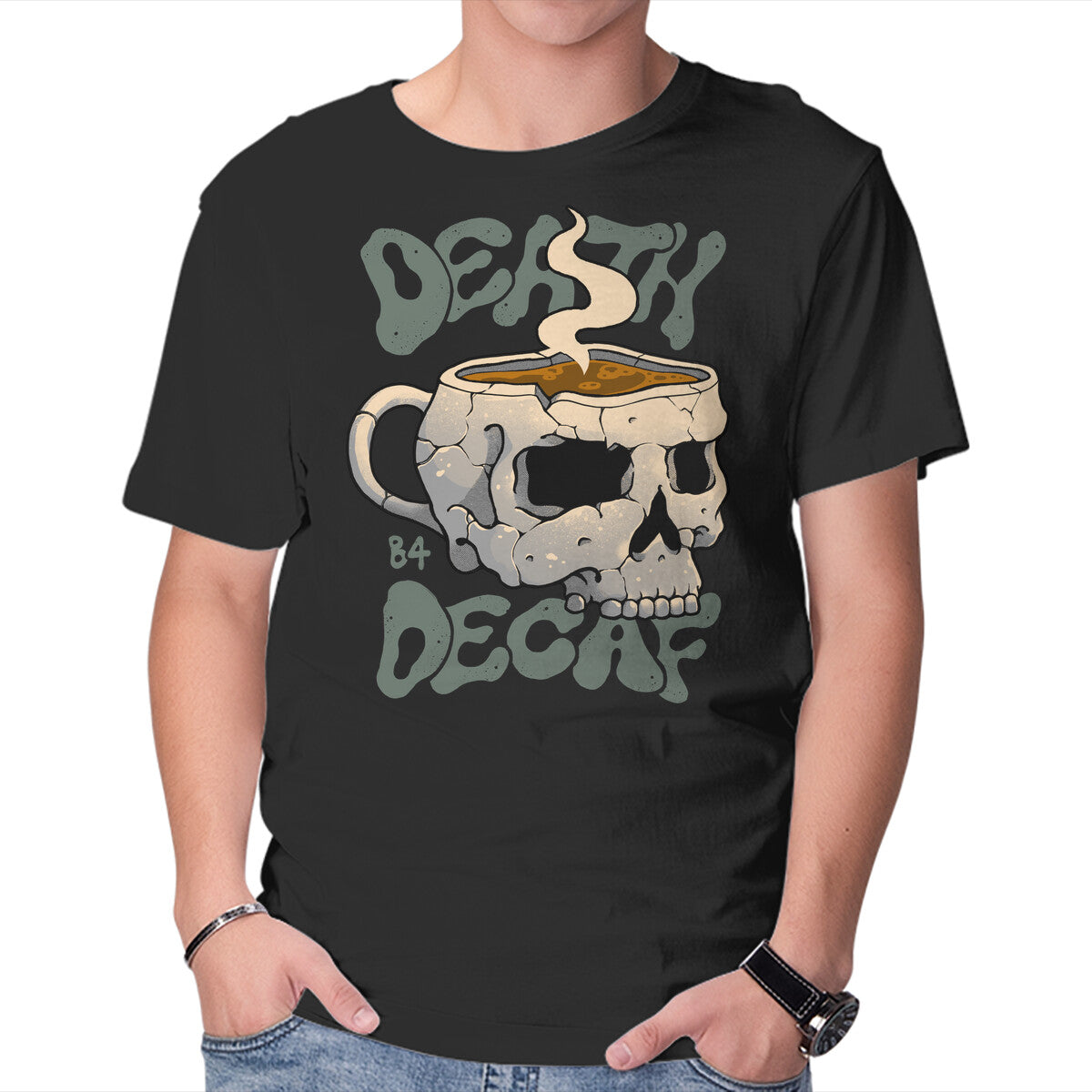 Unisex Crew Neck T-Shirt Death Before Decaf Skull Graphic Short Sleeve Casual Tee XS