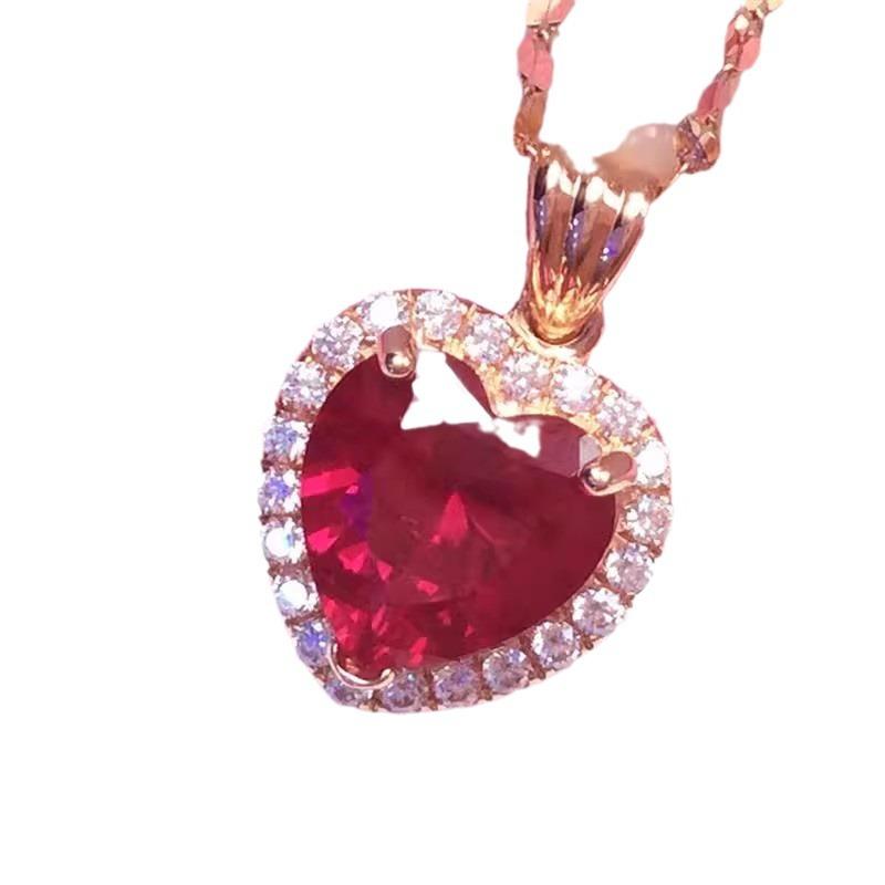 Exquisite Russian Purple Gold Red Stone Zircon Pendant Inlaid With Peach Heart Egg Surface Necklace Plated Rose Gold Color Gold Collarbone Chain