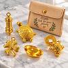 Polished Golden Charm 5Pcs Turtle Set, Four-Leaf Clover Ingot Prayer Wheel Money Frog Good Luck Symbolic Charm, Symbolizes Fortune & Wealth,