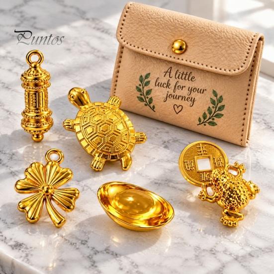 Polished Golden Charm 5Pcs Turtle Set, Four-Leaf Clover Ingot Prayer Wheel Money Frog Good Luck Symbolic Charm, Symbolizes Fortune & Wealth,