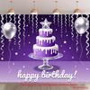 2D Happy Birthday Backdrop, Purple Cake & Silver Balloon Party Background Cloth