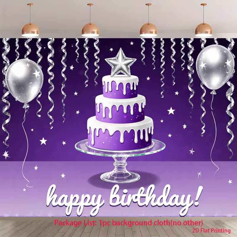 

2D Happy Birthday Backdrop, Purple Cake & Silver Balloon Party Background Cloth 47.2x31.5inch/120*80cm