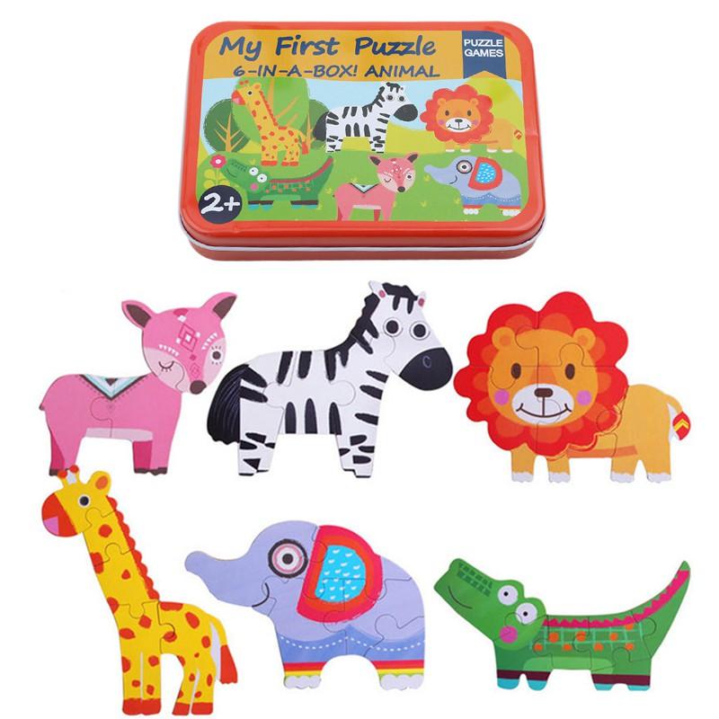 Kids Wooden Jigsaw Puzzle with Iron Box Children Early Learning Metal Box Puzzle Toys Boys Girls Baby Montessori Educational Toy