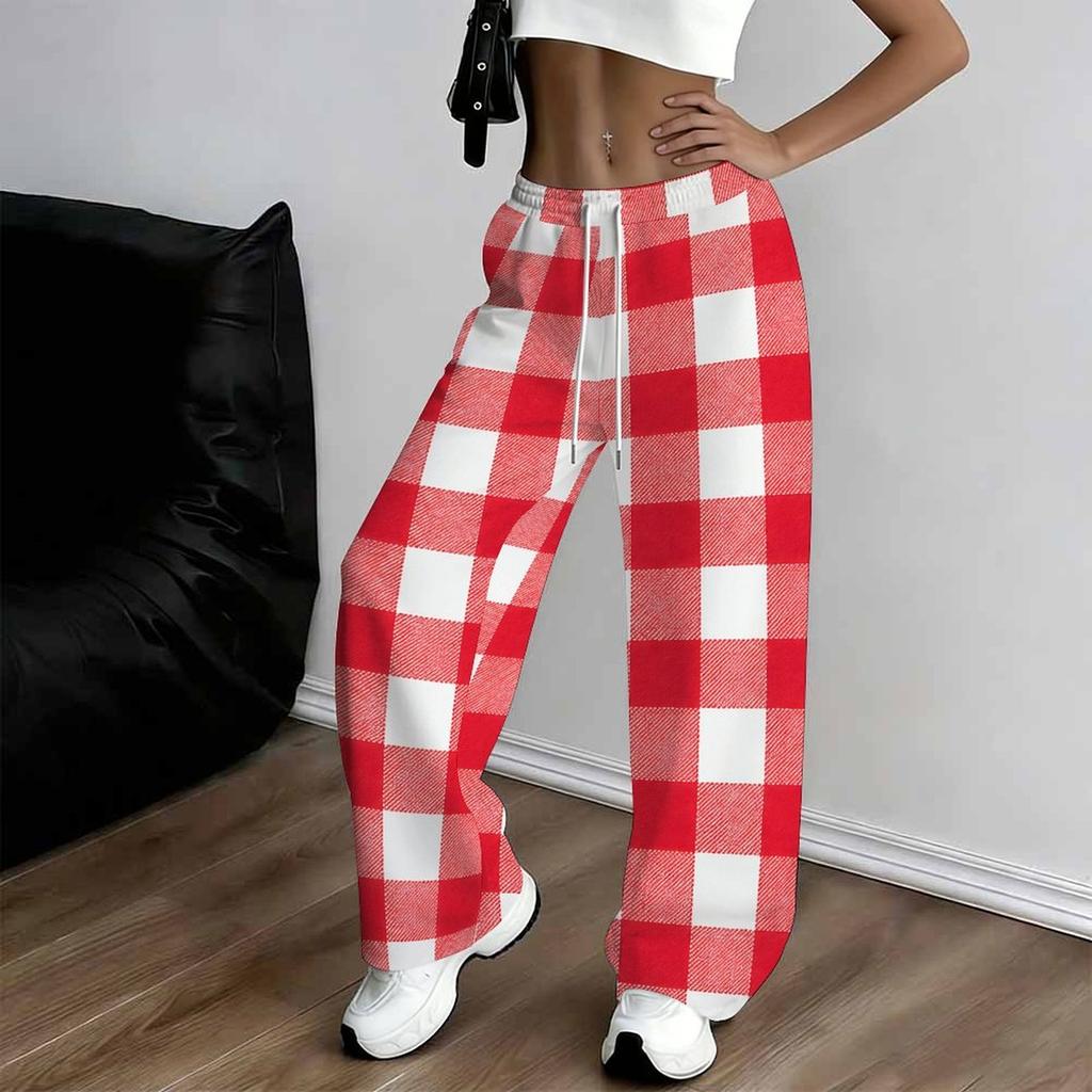 Women Plus Size Red White Plaid Printed Loose Straight Leg Full Length Pants