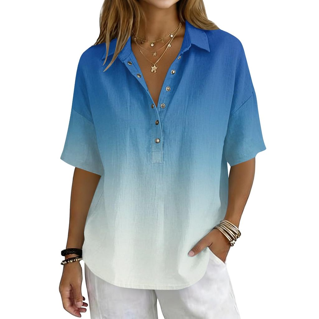 Women Loose Fit Short Sleeve Polo Shirt Vintage Floral Print Button Down Collar Linen Blend Casual Top