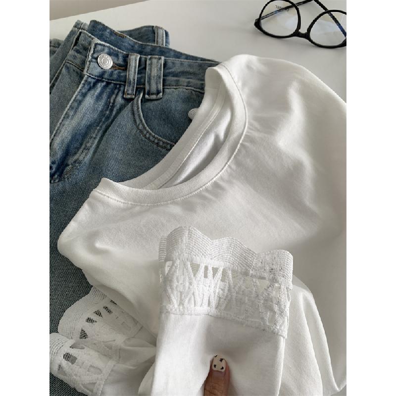Hollowed-out lace hem pure cotton round-neck long-sleeve T-shirt for women, 2026 spring elegant Korean-style base shirt top