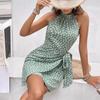 Women Halter Neck Sleeveless Floral Print Wrap Tie Waist Mini Dress