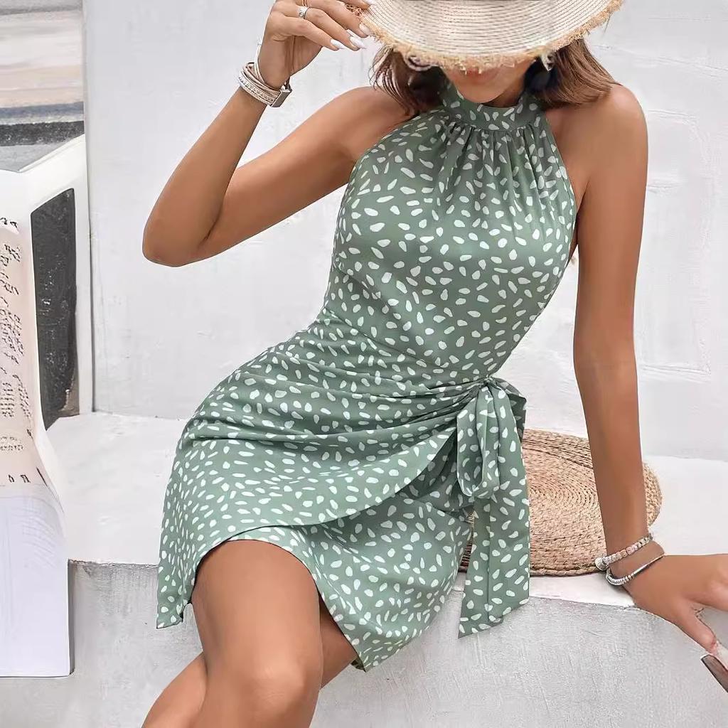 Women Halter Neck Sleeveless Floral Print Wrap Tie Waist Mini Dress