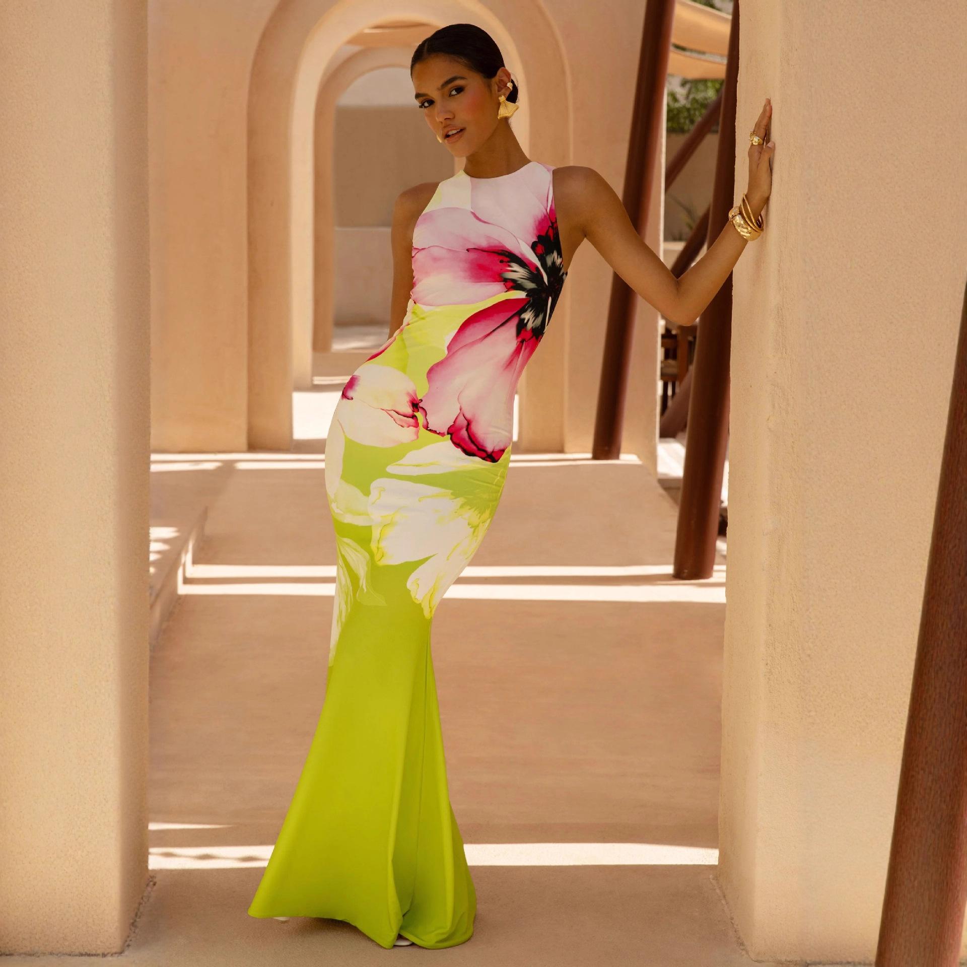 Women s clothing high temperament floral print round neck sleeveless slim-fitting fishtail dress women S зелёный