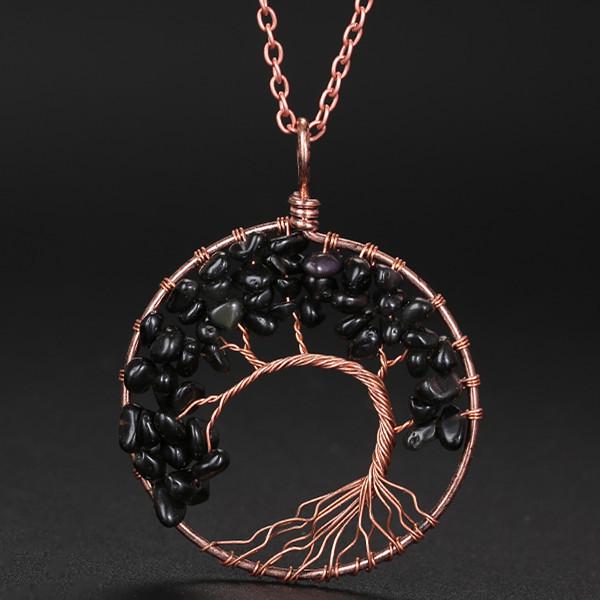 Hand-Wound Natural Stone Crystal Ancient Red Copper Curved Tree Of Life Curved Tree Necklace N01