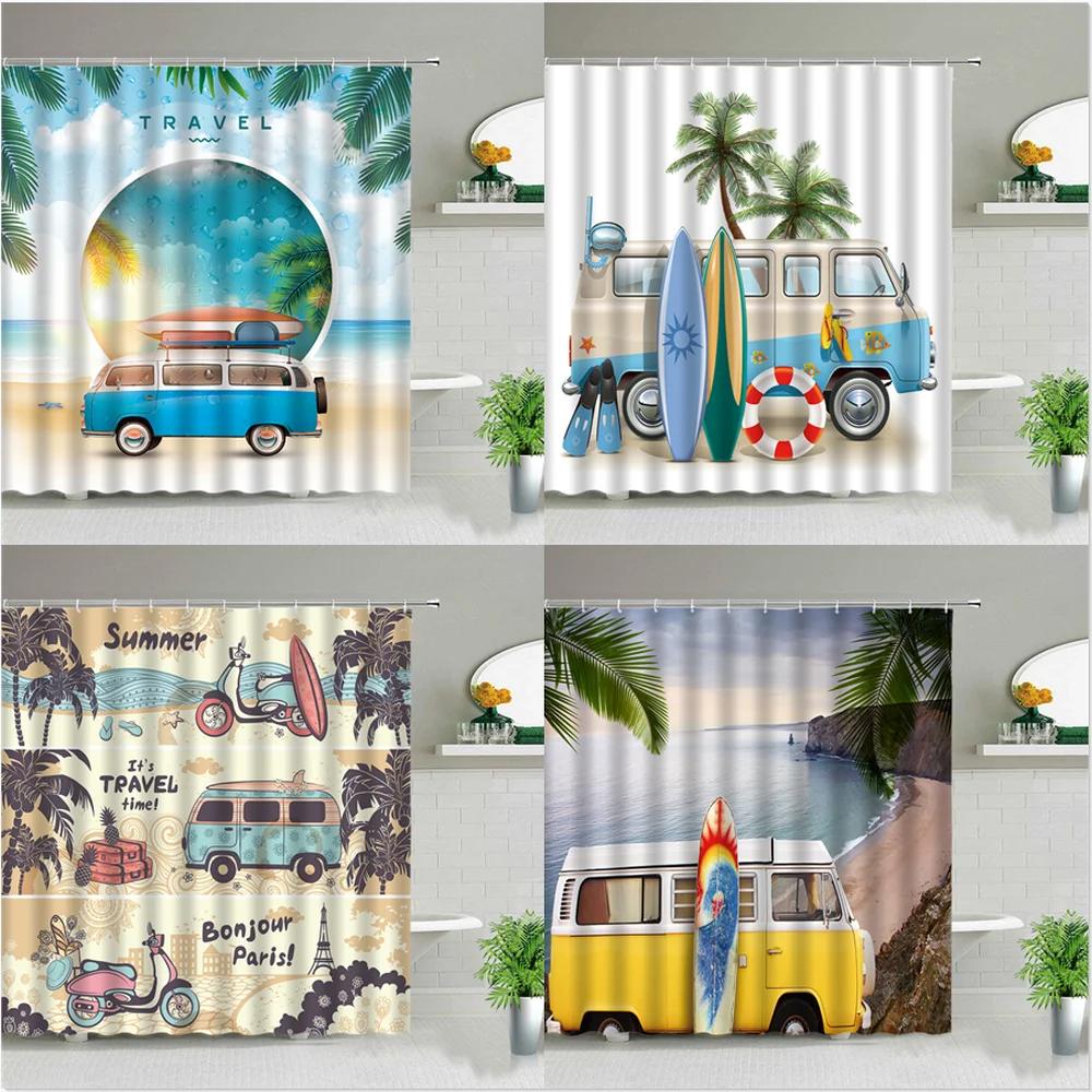 Shower Curtain Funny Shower Curtains for Bathroom Vintage Summer Holiday Retro Bus Camper Van Shower Curtains Surfboard Palm