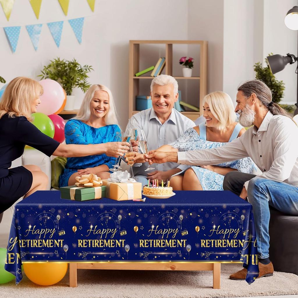 GREHUMOR Happy Retirement Tablecloth 3Pcs-Retirement Party Decorations Blue Gold Tablecloth for Women Men Plastic Rectangle Disposable Table Cover