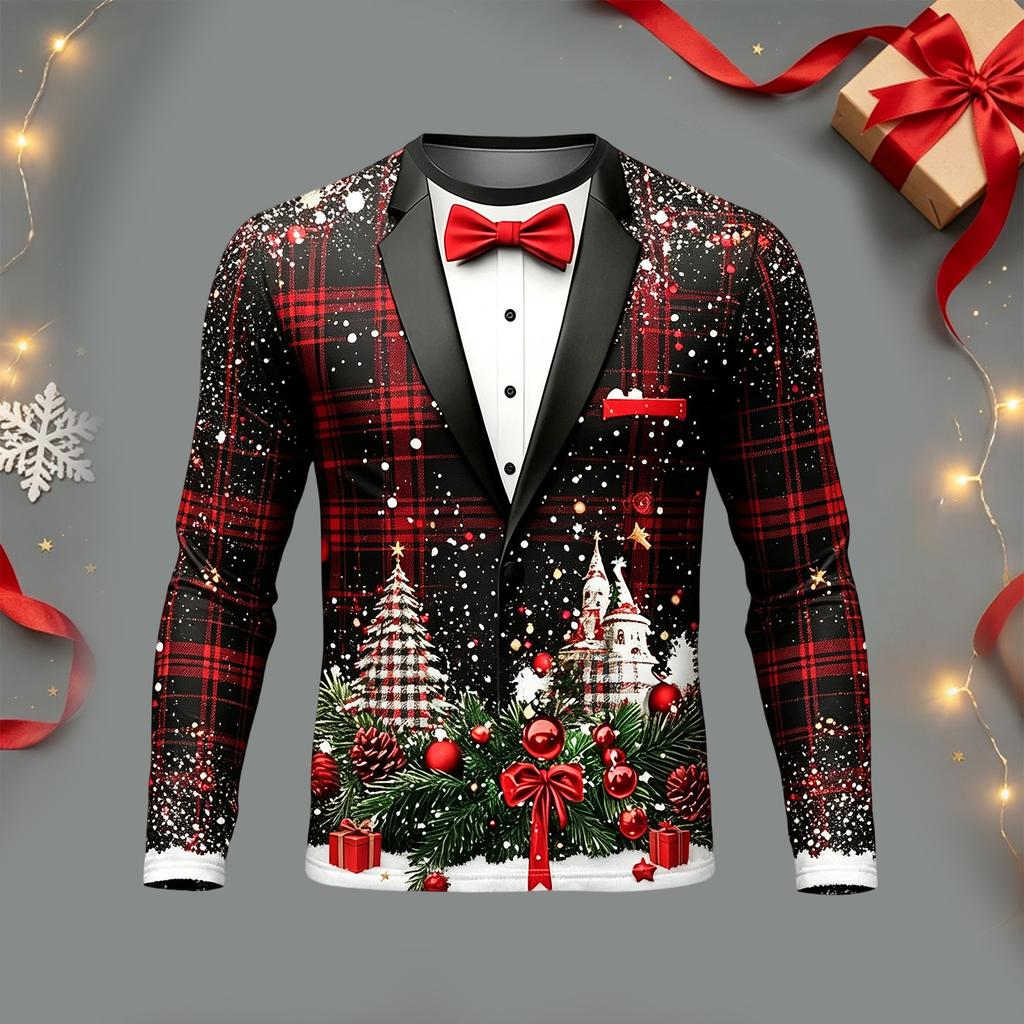 Men's Casual Christmas Suit Print Long Sleeve T-Shirt Round Neck Tee for Holiday Party