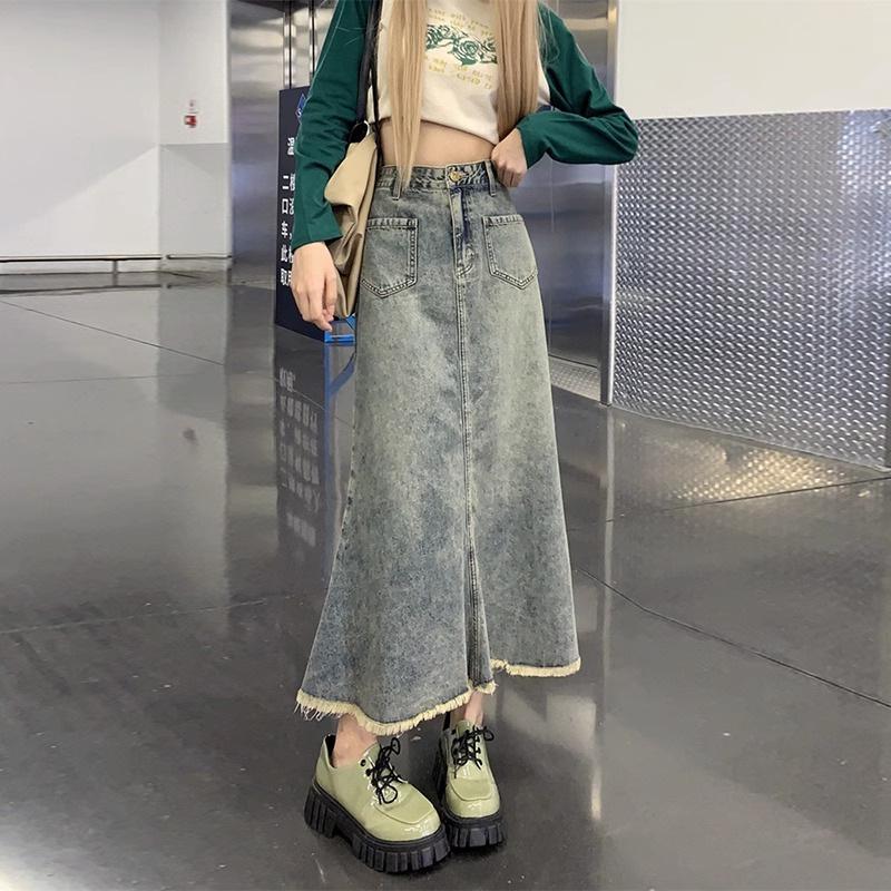 Vintage Washed Fishtail Denim Skirt - Women's High Street Raw Edge Design