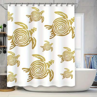 Modern Bathroom Decorative Shower Curtain with Printed Sea Turtle Design for Kids Bathrooms White + Gold Colors Set .c