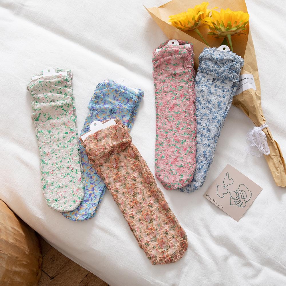 

Sweet Breathable Thin Japanese Girls Tube Socks Floral Mesh Women Socks светло-синий