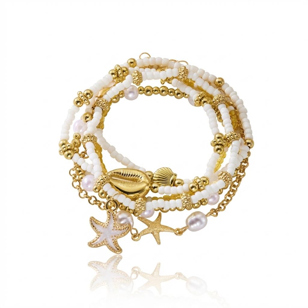 6Pcs/Set Boho Shell Starfish Stacked Bracelets for Women Imitation Pearl Beaded Elastic Bracelet Summer Ocean Jewelry Gift