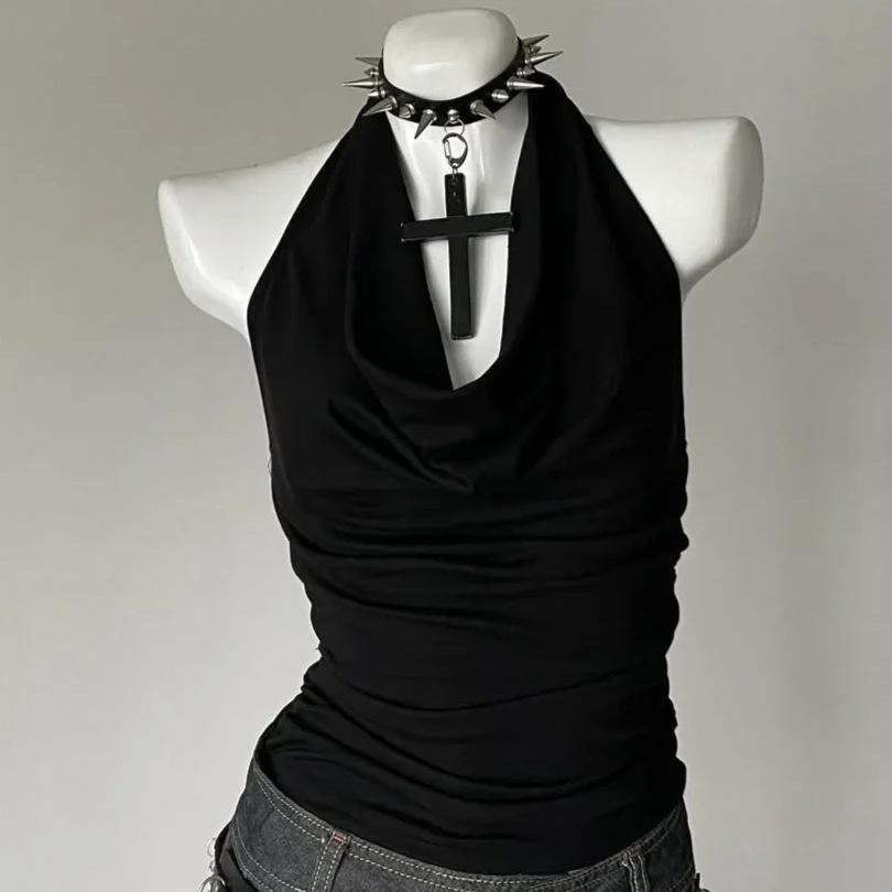 Trendy Black Halter Cowl Neck Slimming Tank Top for Women
