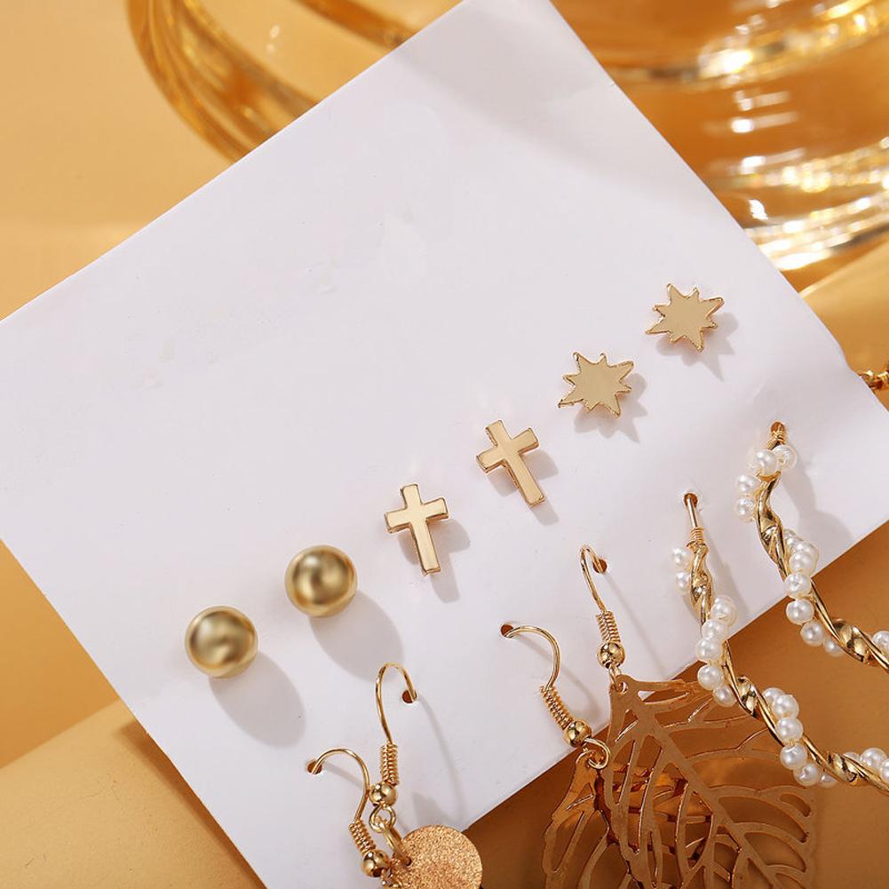6 Pairs of Women's Earrings Hollow Leaf Faux Pearl Tassel Ear Accessories