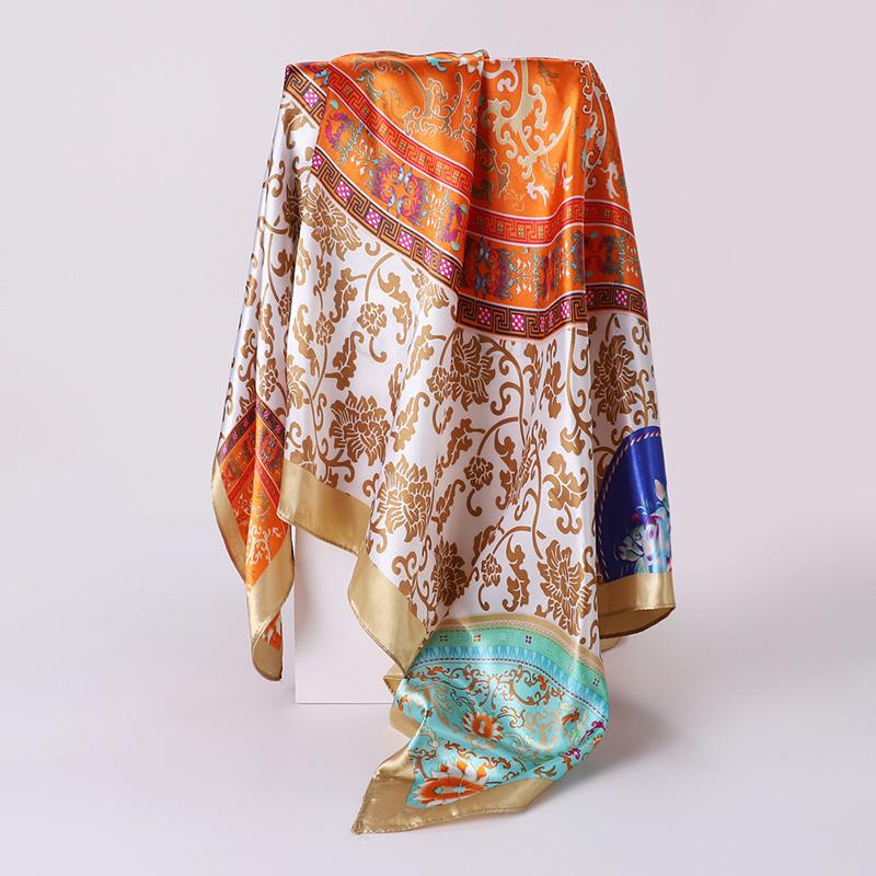 Satin Square Scarf for Women Muslim Hijab Elegant Print Silk Neckerchief Shawl Wraps Headband Bag Handle Bandana Islamic Turban