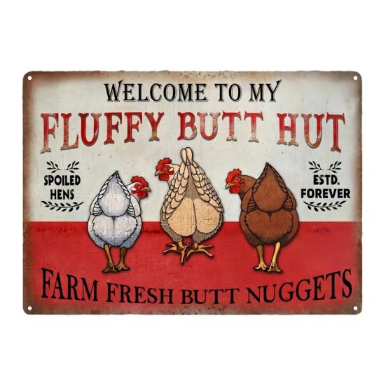 Fluffy Butt Hut Farm Sign, Vintage Chicken Coop Metal Sign, Weatherproof Rustic Wall Art, for Barn Kitchen Backyard Farmhouse Decor