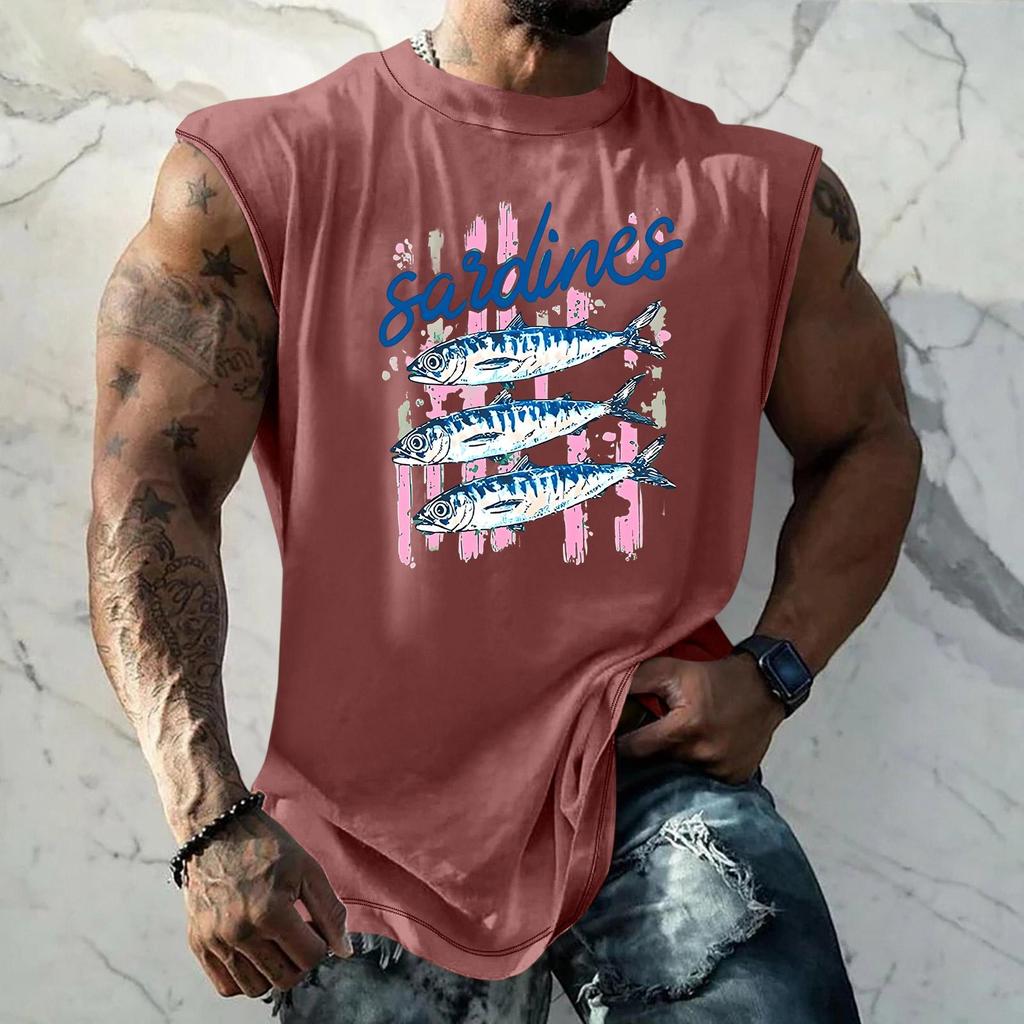 Pánské tílko s vtipným potiskem a retro texturou, volný střih, prodyšné, na letní sporty a streetwear, ležérní pro každodenní nošení