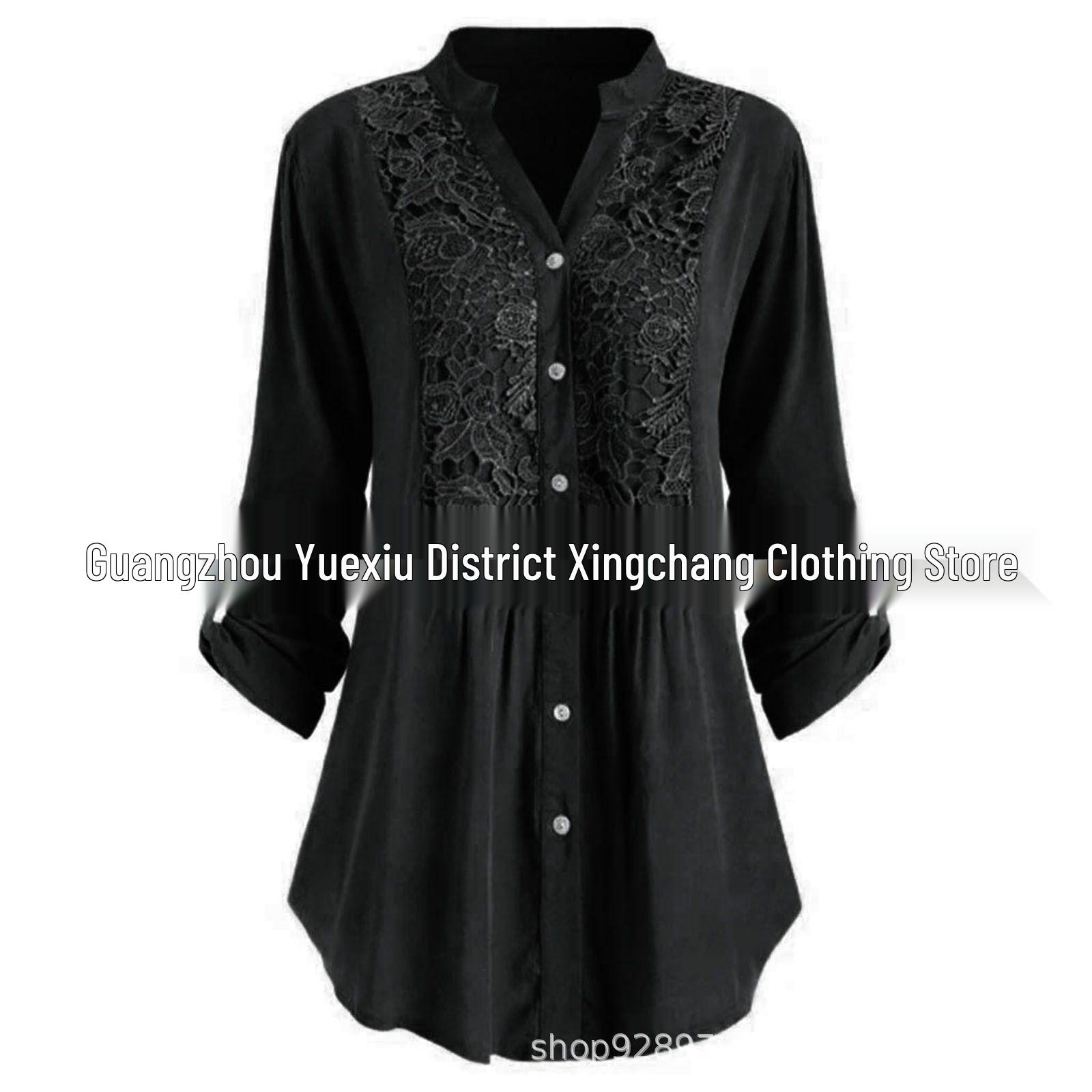 2026 Trendy Solid Color Rayon Lace Trim Women s Long Sleeve Blouse S чёрный