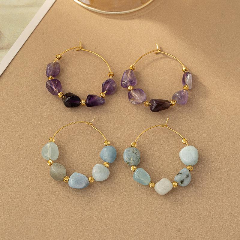 Retro Design Earrings Irregular Metal Color Stone Girl Stud Earrings European and American Exaggerated Mori Round Fresh Ear Jewelry