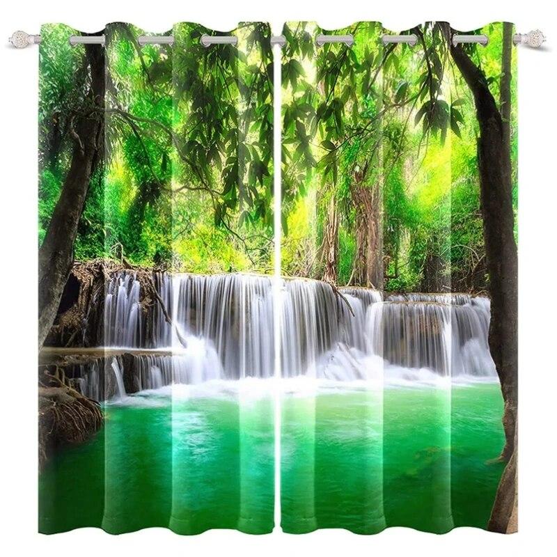 

Лесной водопад, высокие затемняющие шторы для спальни, плотные шторы с природным пейзажем, горный ручей, оконная занавеска для гостиной W50xH130(CM)x2PCS-Grommet Top