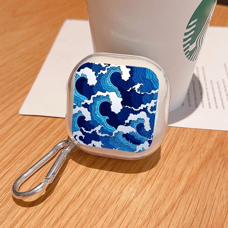 Clear Earphone Cases Cover With Hook Case For Samsung Galaxy Buds 4Pro 4 Pro Live 3Pro 3 FE 2Pro 2 Cartoon Ocean Tsunami