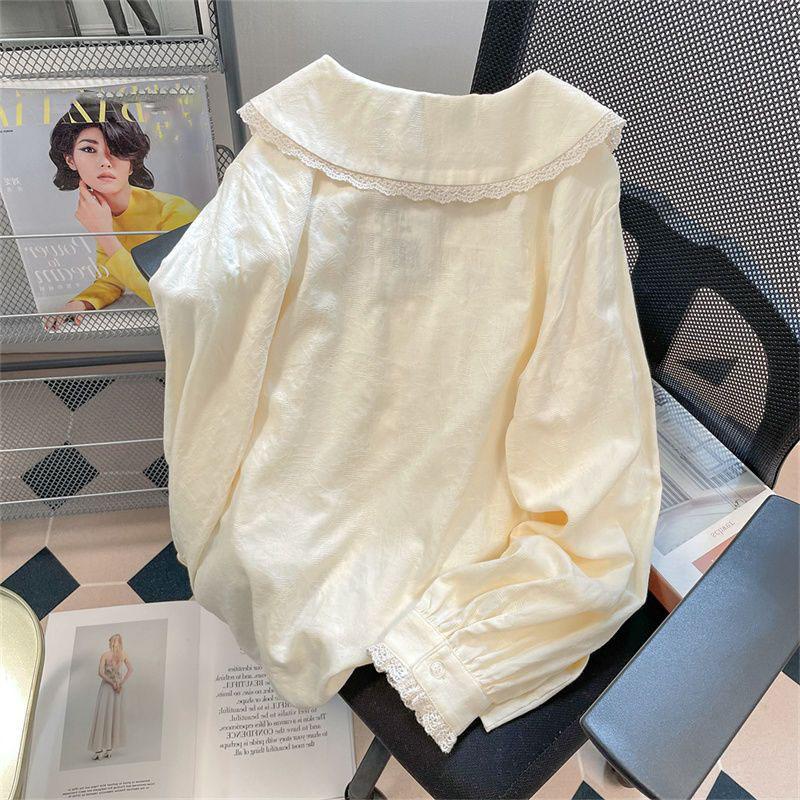Sweet Lace Floral Turndown Collar Shirt Woman Autumn Long Sleeve Loose Casual Blouse for Women All-match Buttons Shirts