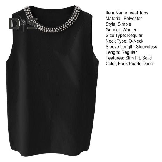 Damska kamizelka dziewiarska z okrągłym dekoltem, bez rękawów, sztuczne perły, ozdobne topy, dopasowany krój, jednolity kolor, rozciągliwe topy