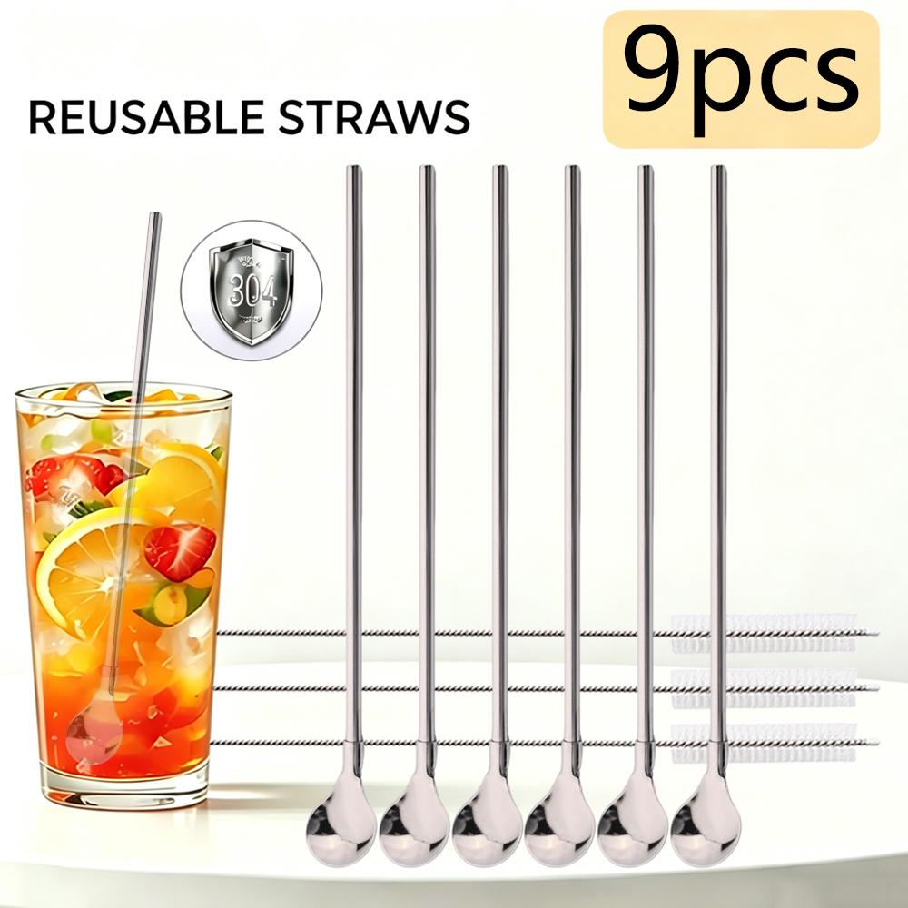 9Pcs 2-in-1 Stainless Steel Straw Spoon Set Reusable Drinking Straws for Milkshakes Cocktails Coffee Juice Party Bar Accessories серебряный