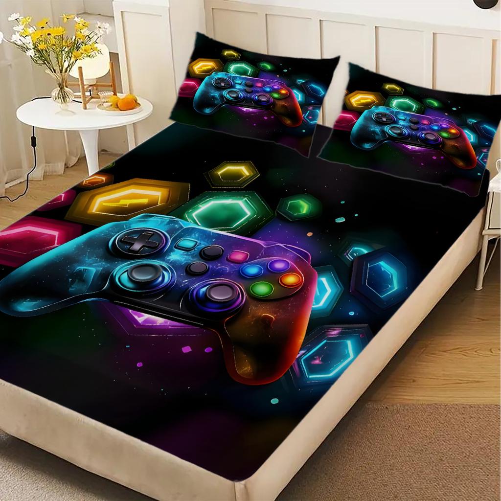 3 Stück Neon Graffiti Gaming Controller Spannbettlaken Glattes Bettlaken Set Lebendiges Gaming-Bett für Teenager-Jungen Queen Size Trendige Zimmerdekoration