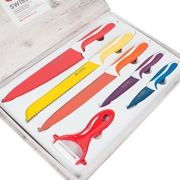 SHOP-STORY - SWISS Q CERAMIC : Set of 5 Stainless Steel Kitchen Knives Coated with Ceramic with Peeler