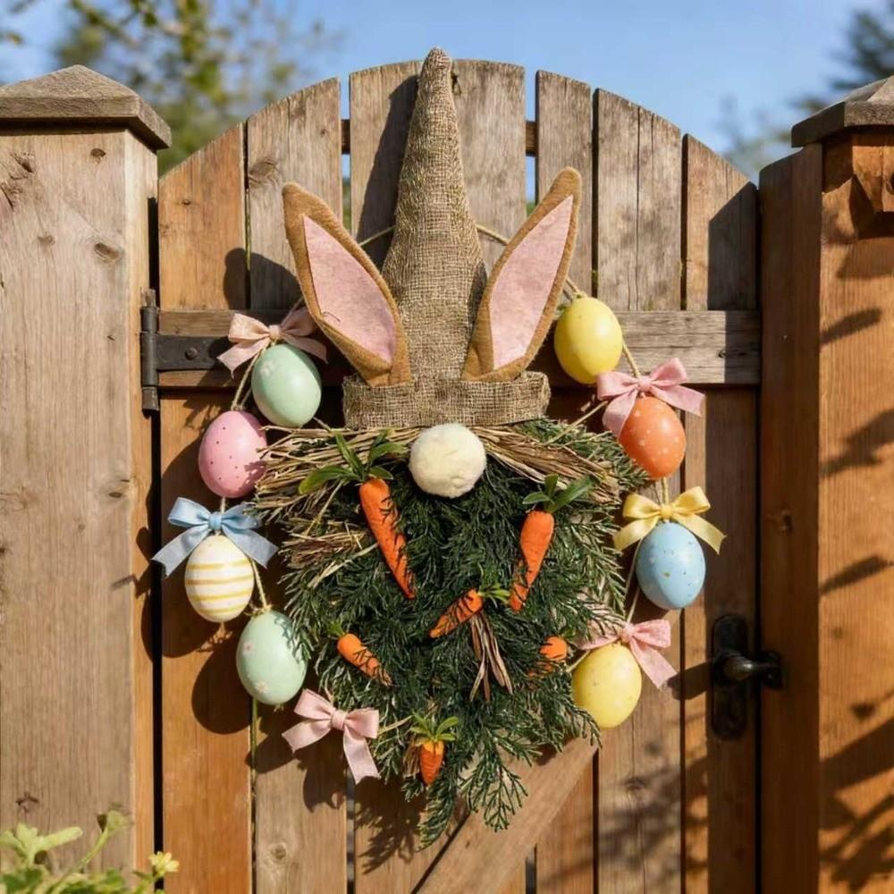 Rustic Style Easter Bunny Wreath Plastic Artificial Garland Easter Gnome Pendant  Porch Wall Decor