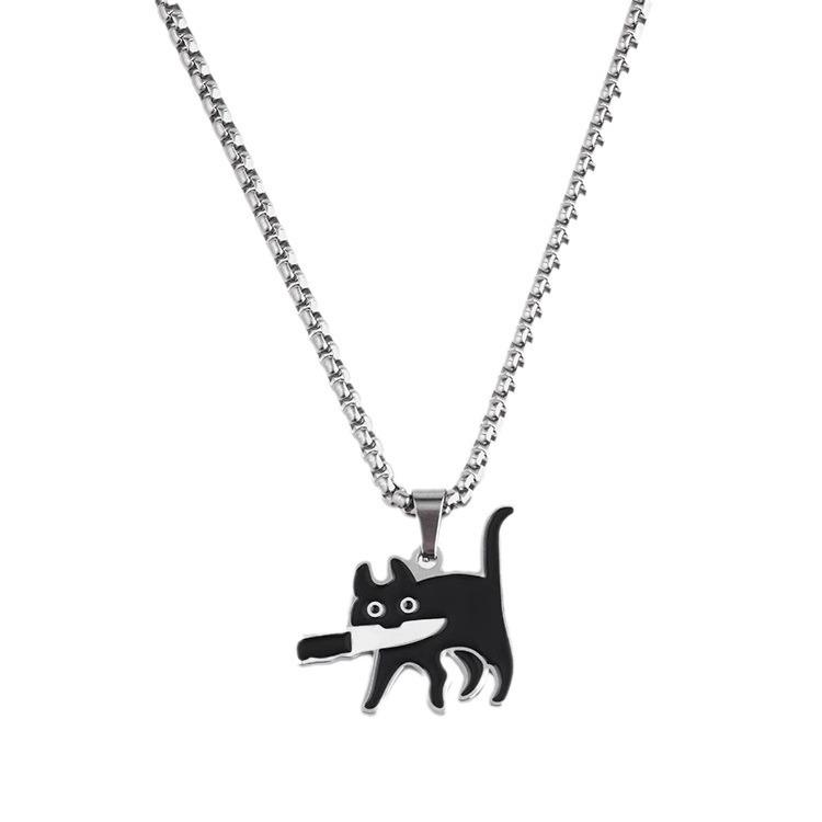 High-End Titanium Black Cat Pendant Necklace for Men & Women - Non-fading Steel Sweater Chain