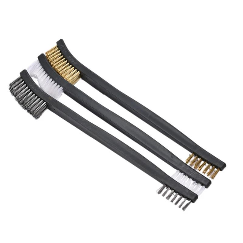 3pcs Mini Wire Brush Set Cleaning Welding Slag Scratch Wire Bristles Brush Steel/Nylon/Brass Brush Metal Cleaner for Paint Rust