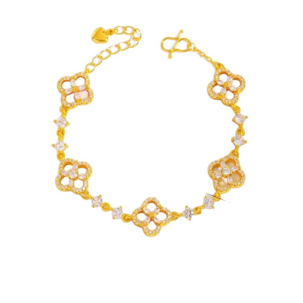 9999 24K real gold diamond red four-leaf flower bracelet for women, exquisite mother-of-pearl versatile bracelet