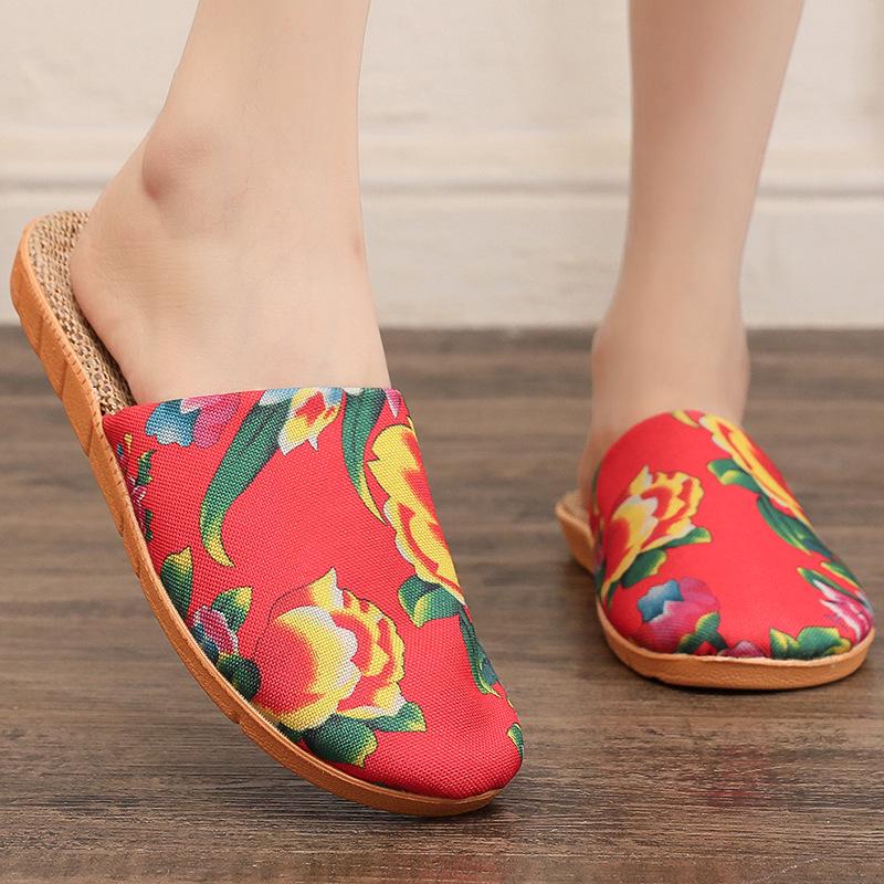 Women's Ethnic Peony Print Linen Half Slippers - Large Size