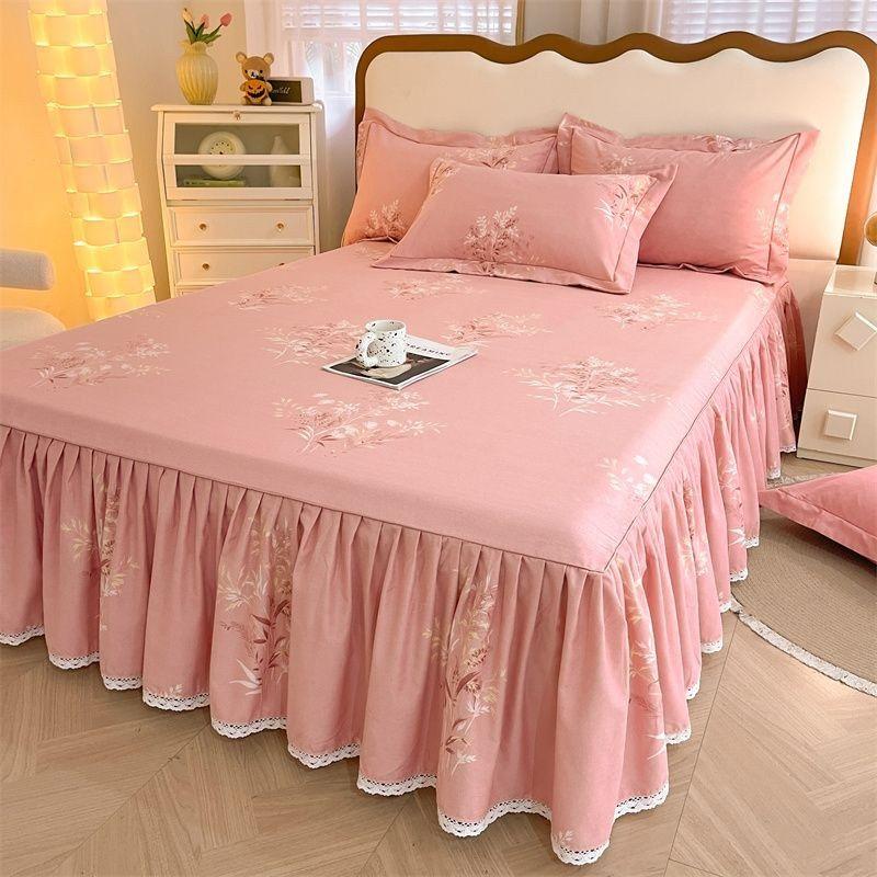 3pcs Printing Ruffled Edge Soft Comfortable Breathable Bed Skirt Set All-season Availability,  Mattress Cover, Printing Bedding Set, for Bedroom