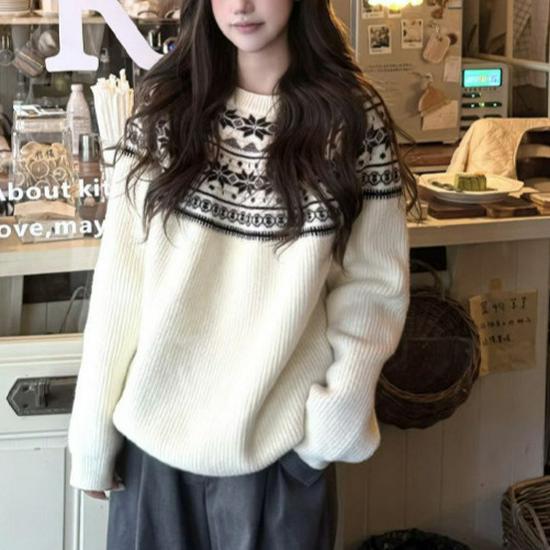 Korean Style Crew Neck Fair Isle Women's Sweater - Autumn Winter Knitwear, Loose Fit, Christmas Outfit Top.