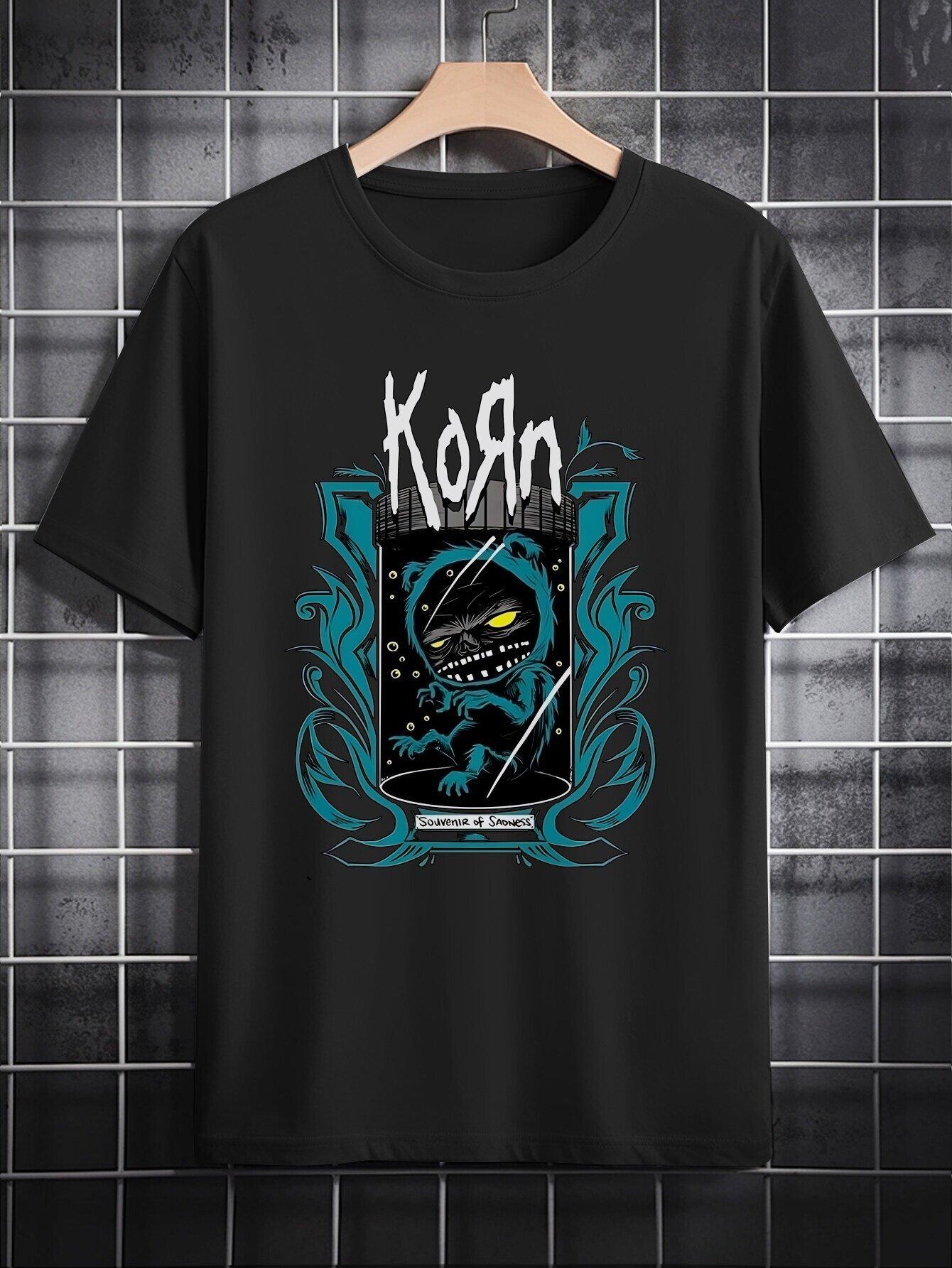 Casual Graphic T-shirt - Black KORN Band Print with Abstract Design XXXXL
