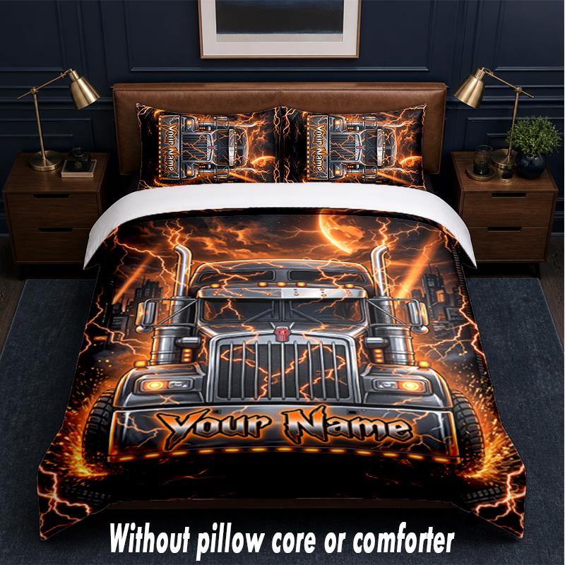 Truck Theme Custom Text Or Name 3Pcs Bedding Set,1 Flat Sheet & 2 Pillowcases Personalized Home Bedding