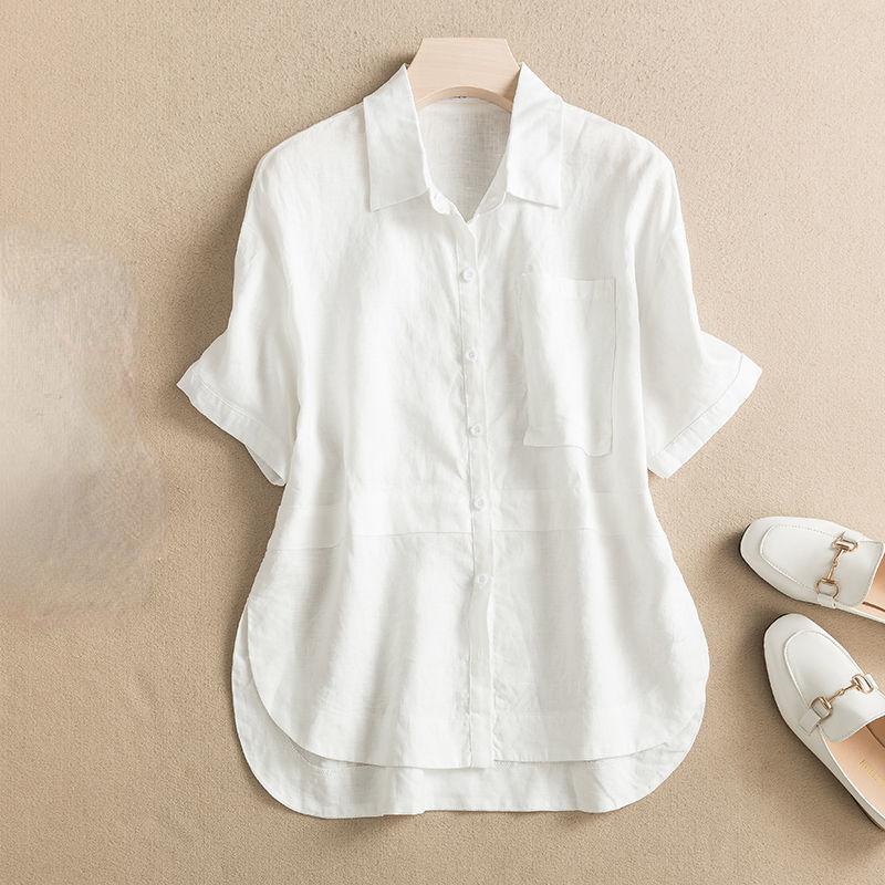 Prodyšná a lehká bavlněná lněná košile pro ženy s volnými krátkými rukávy